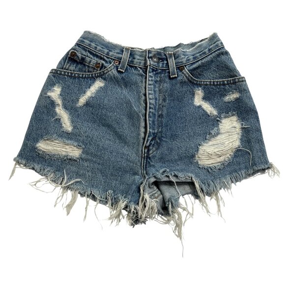 Levi's High-Waist Cut Off Denim Shorts in Medium Blue - Picture 1 of 3